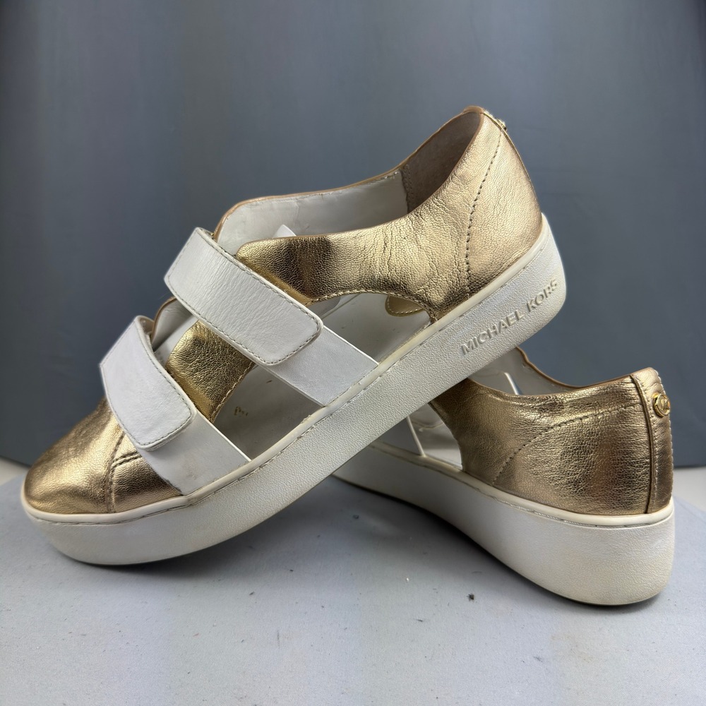 Michael Kors Beckett Womens Size 8M White Gold Leather Platform Sneaker Sandals